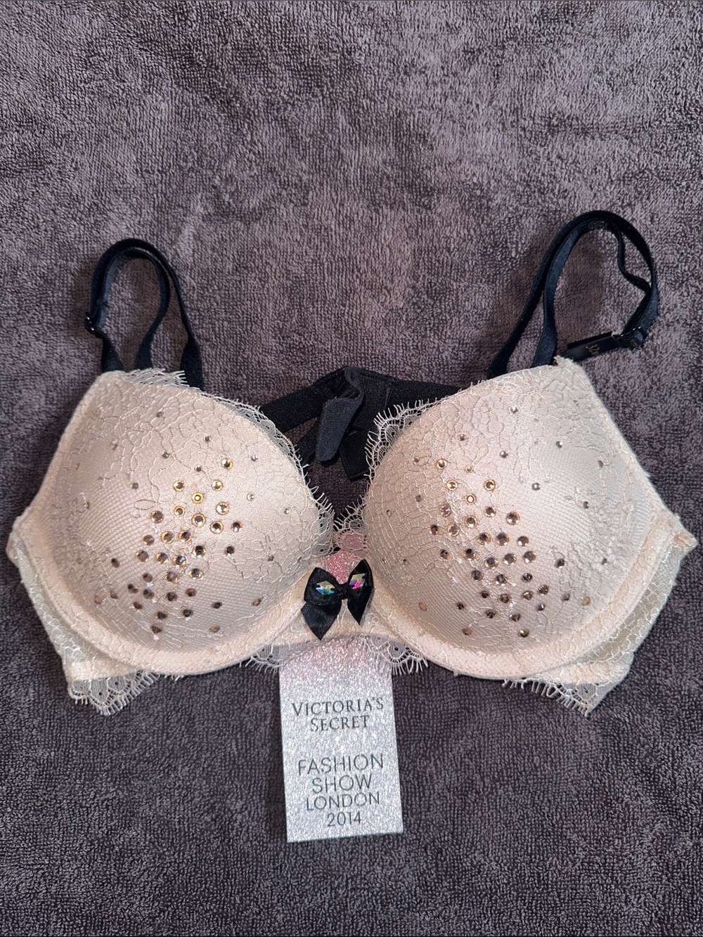 Victoria's Secret Cream Lace Embellished Push-Up Bra with Black Straps